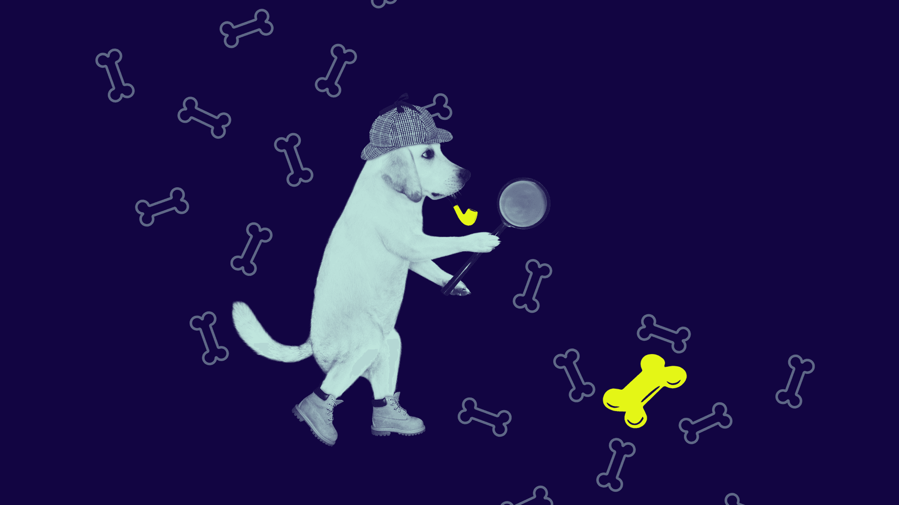 Ein Hund im Detektiv-Outfit mit Lupe und Mütze untersucht Spuren, umgeben von Knochenmustern auf dunklem Hintergrund.