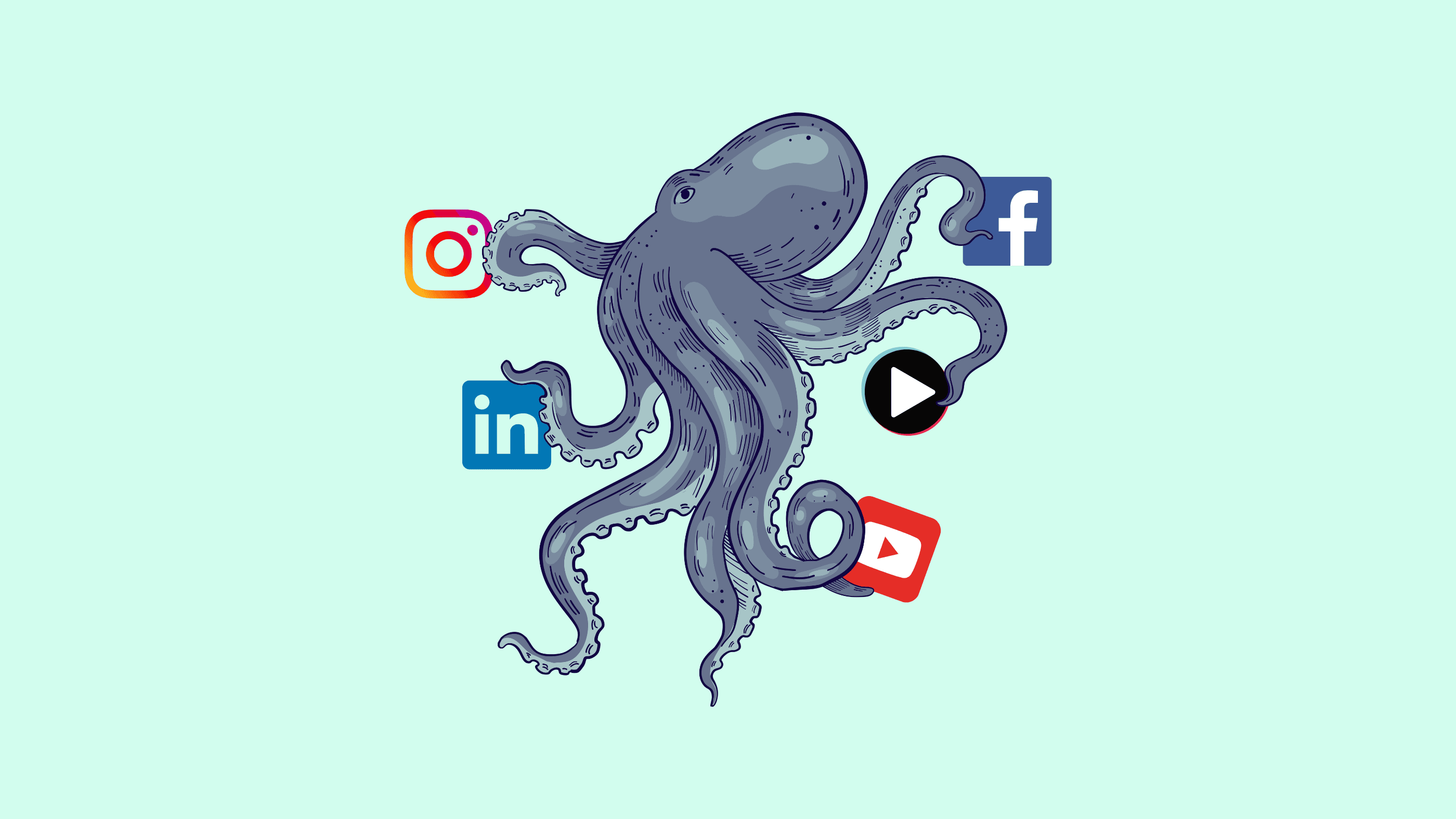 Illustration eines Oktopus, dessen Tentakel verschiedene Social-Media-Logos wie Instagram, Facebook, LinkedIn, YouTube und ein Play-Symbol halten.