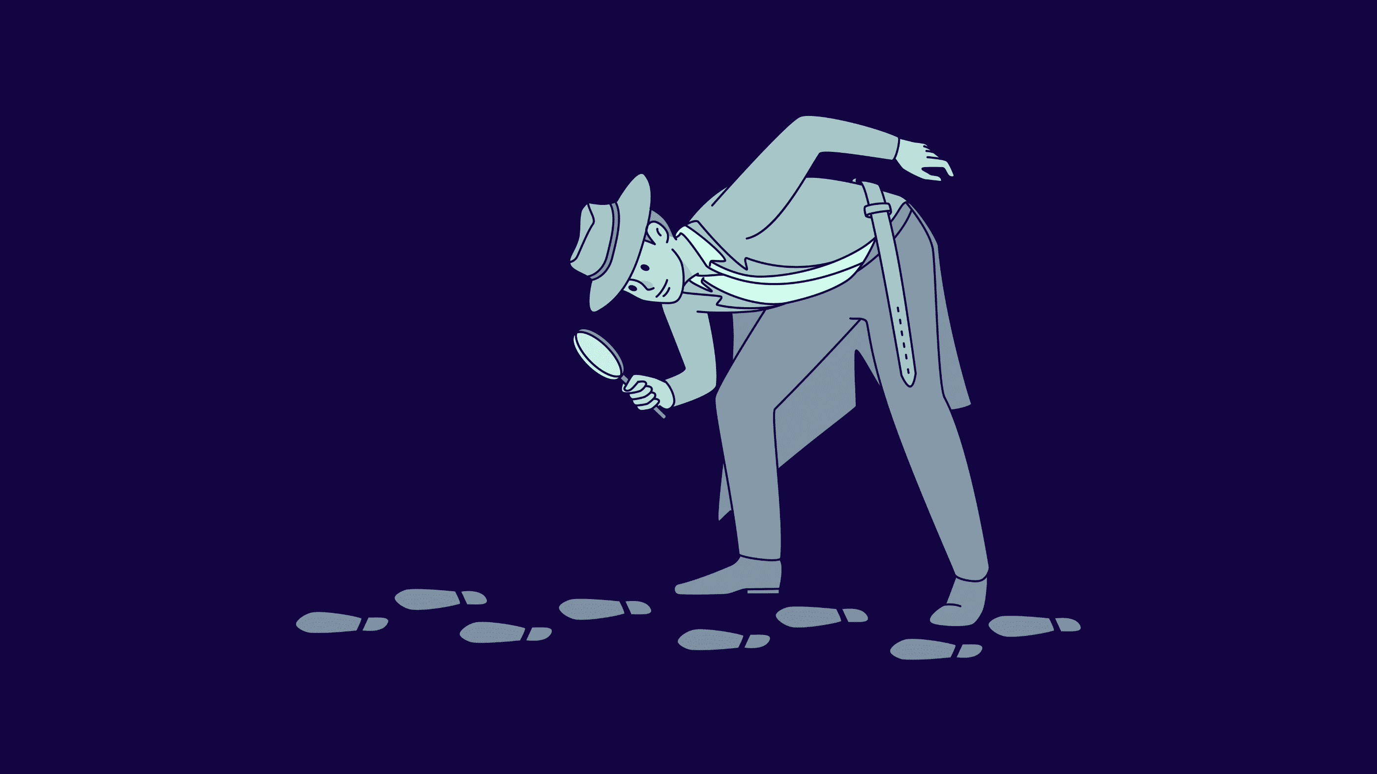 Illustration eines Detektivs mit Hut und Trenchcoat, der mit einer Lupe eine Spur von Fußabdrücken untersucht.