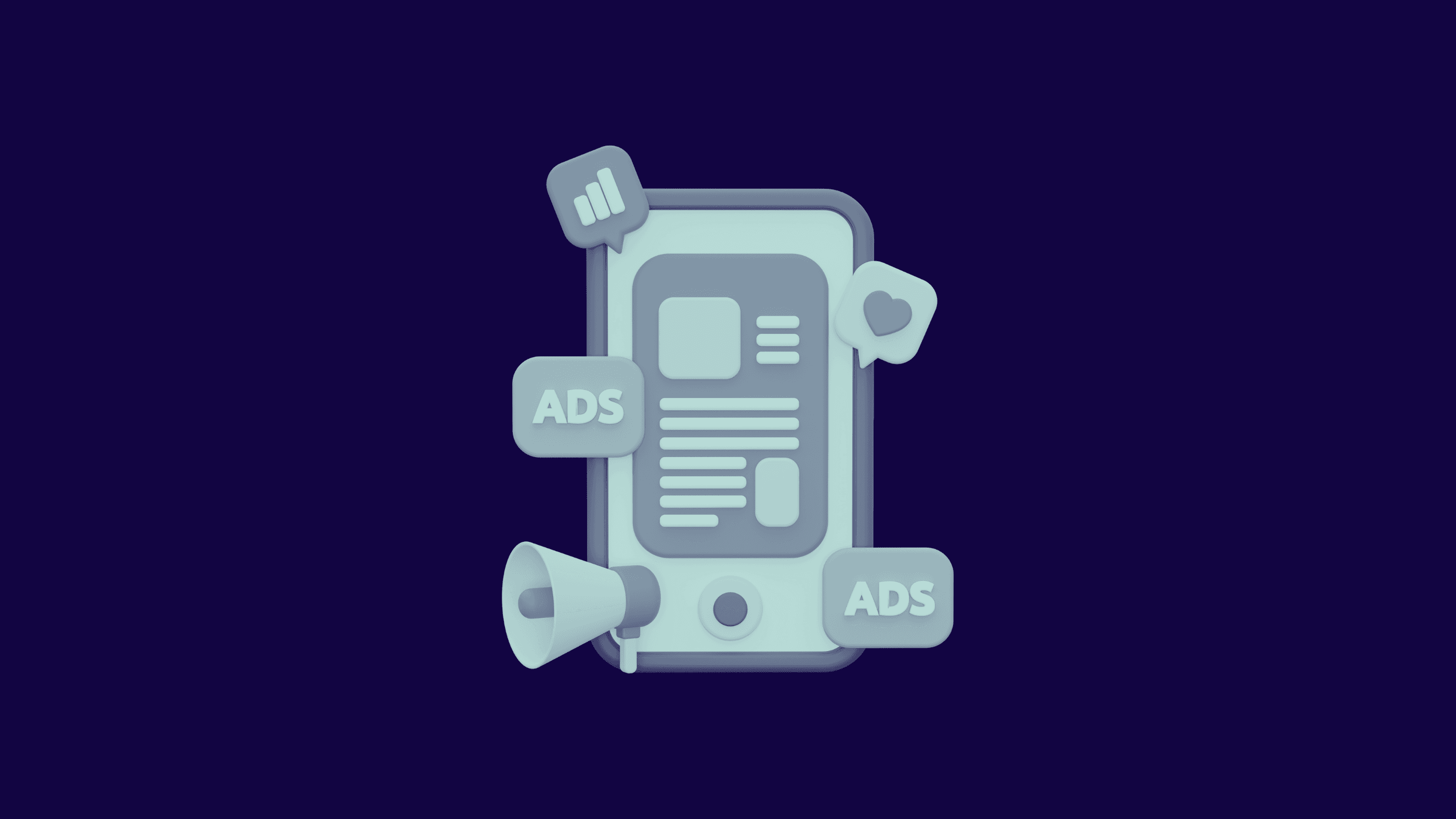 Illustration eines Smartphones mit eingeblendeten Symbolen für Werbung, Analysen und soziale Interaktionen.
