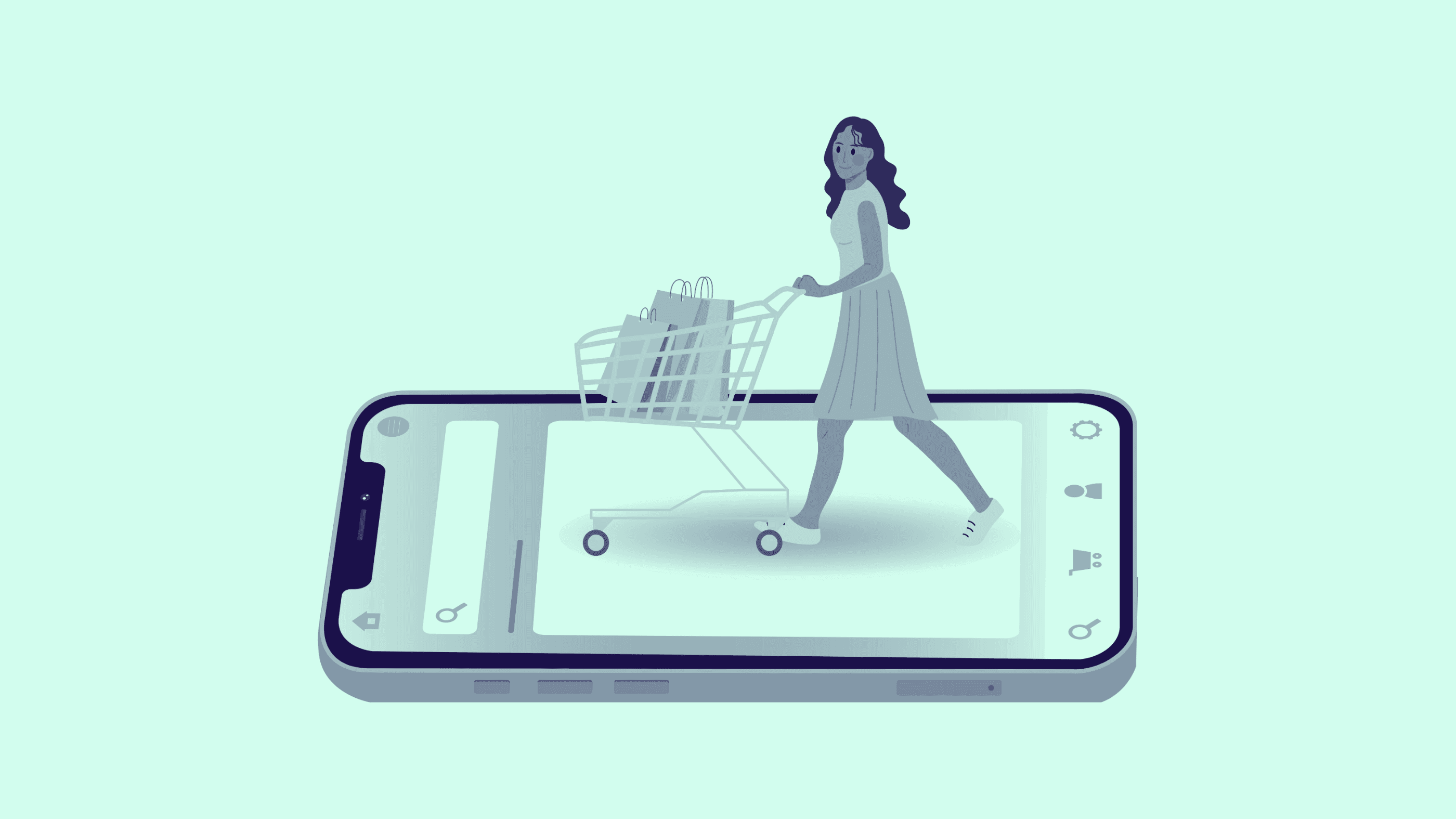 Illustration einer Frau mit einem Einkaufswagen, die scheinbar auf dem Bildschirm eines großen Smartphones geht. Das Bild symbolisiert Online-Shopping und digitale Einkaufserlebnisse.