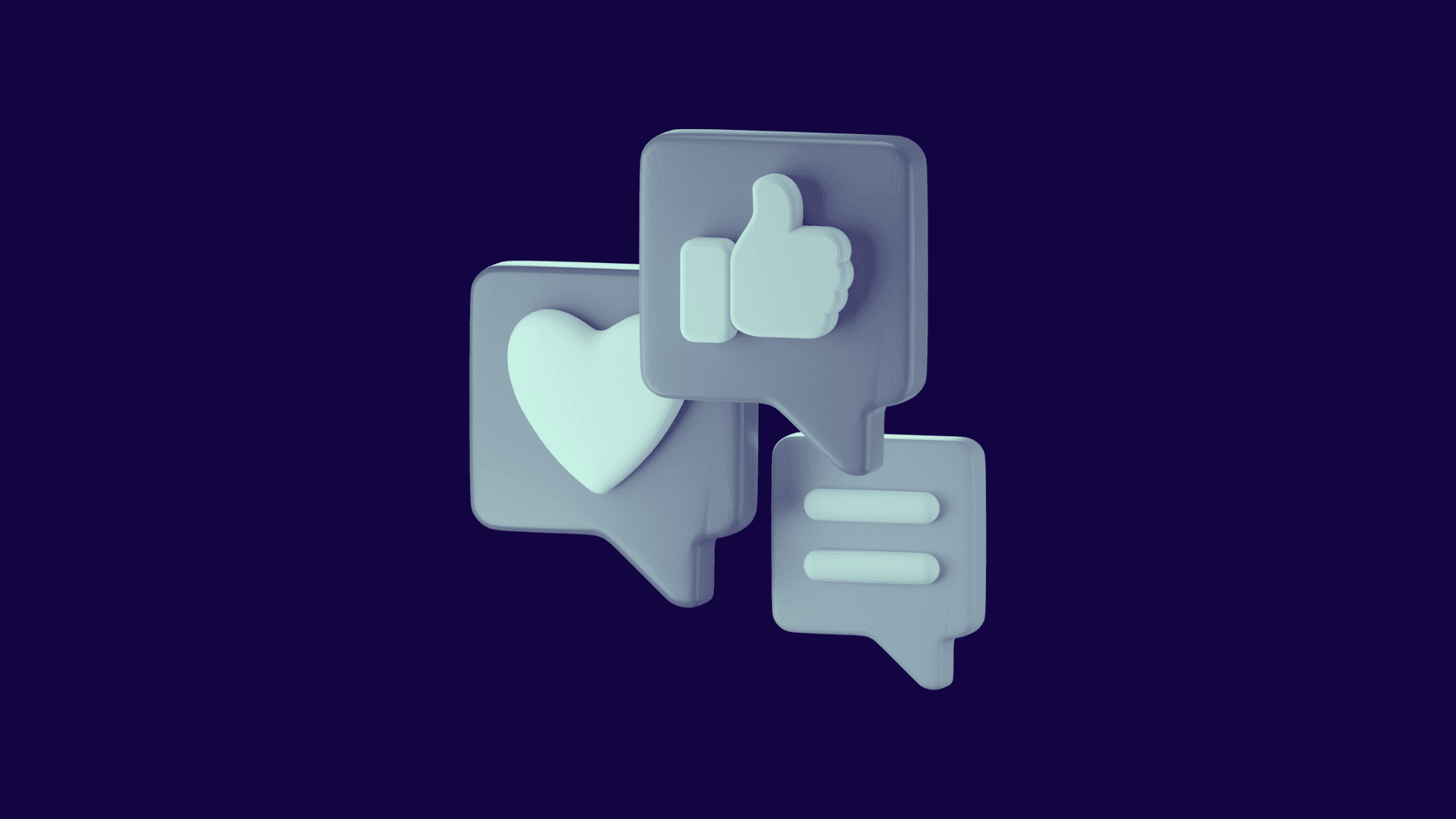 Illustration von drei Sprechblasen mit Symbolen für ein Like-Daumen, ein Herz und eine Kommentarblase.
