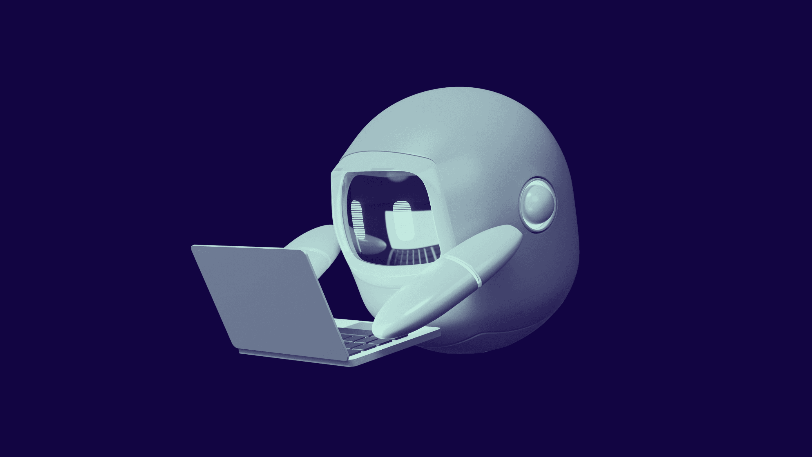 Illustration eines kugelförmigen Roboters mit Visier, der an einem Laptop arbeitet.