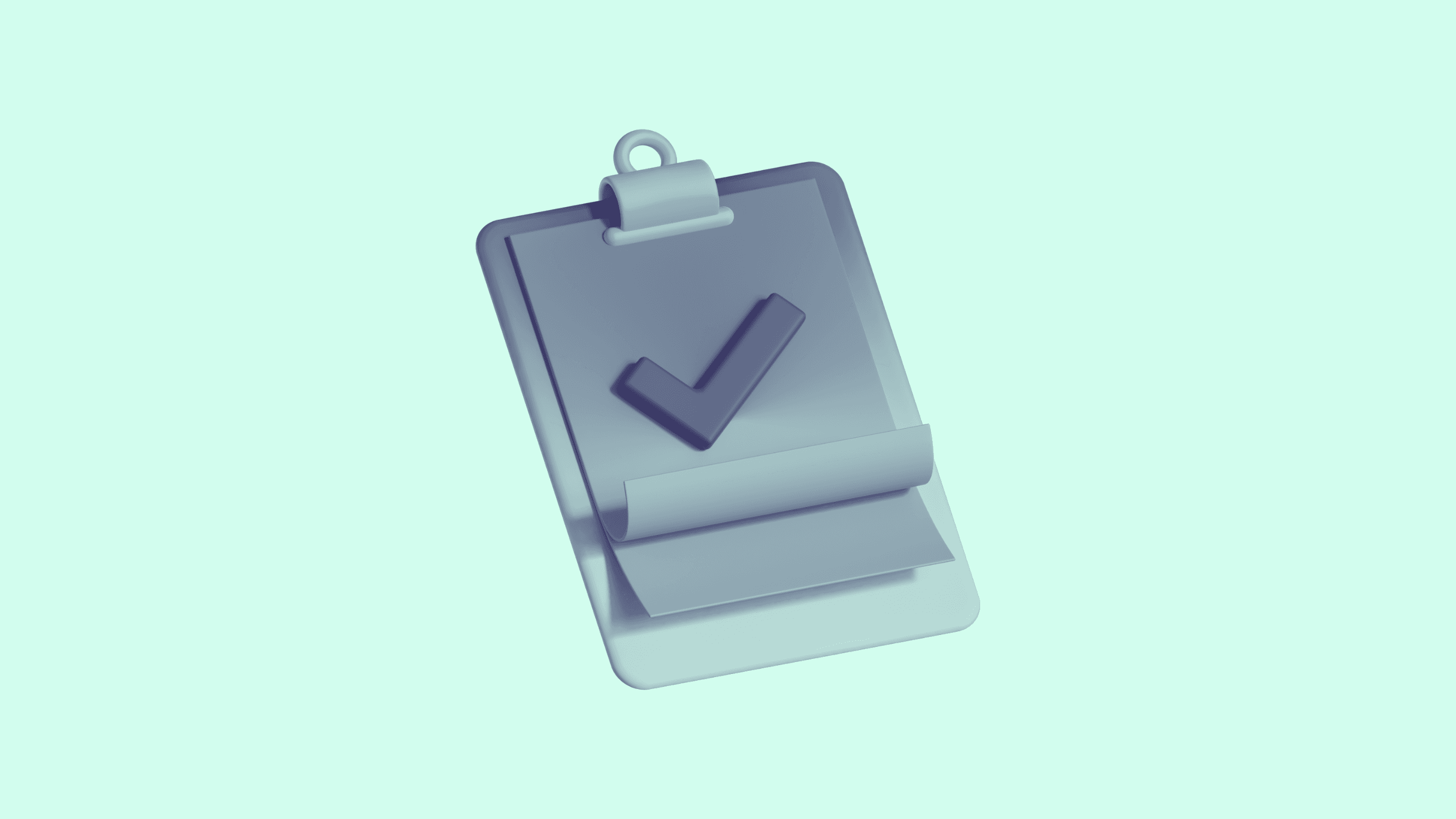 3D-Illustration eines Klemmbretts mit einem Häkchen auf einer Checkliste.