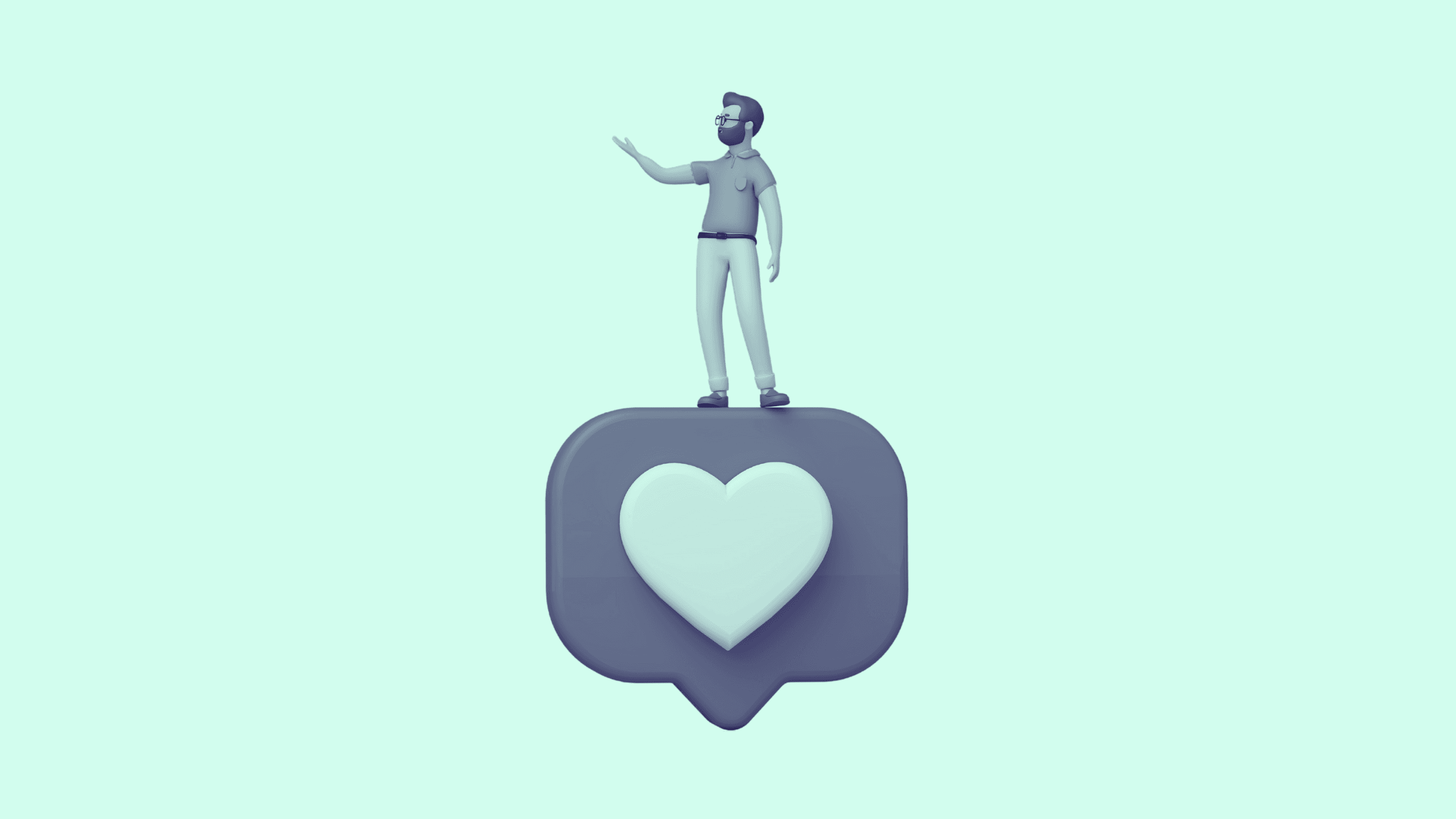 3D-Illustration eines Mannes, der auf einem Like-Symbol mit Herz steht.