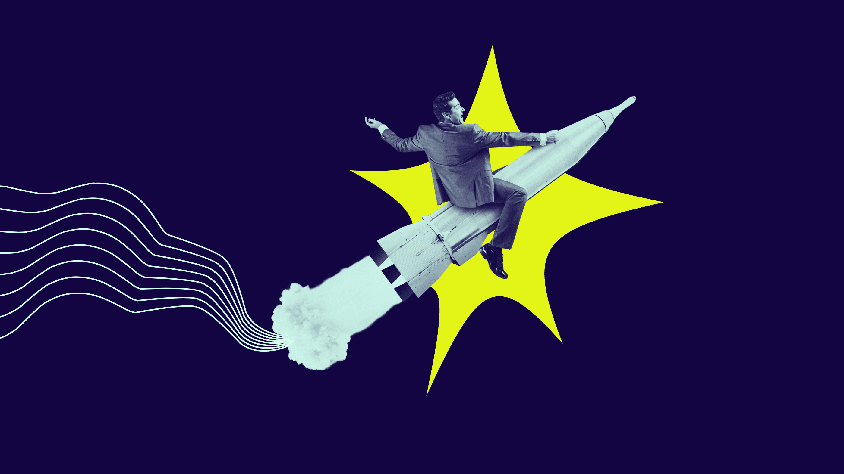 Digitale Collage eines Mannes in Anzug, der auf einer startenden Rakete reitet. Im Hintergrund eine gelbe, sternförmige Explosion und dynamische Linien, die Bewegung darstellen.