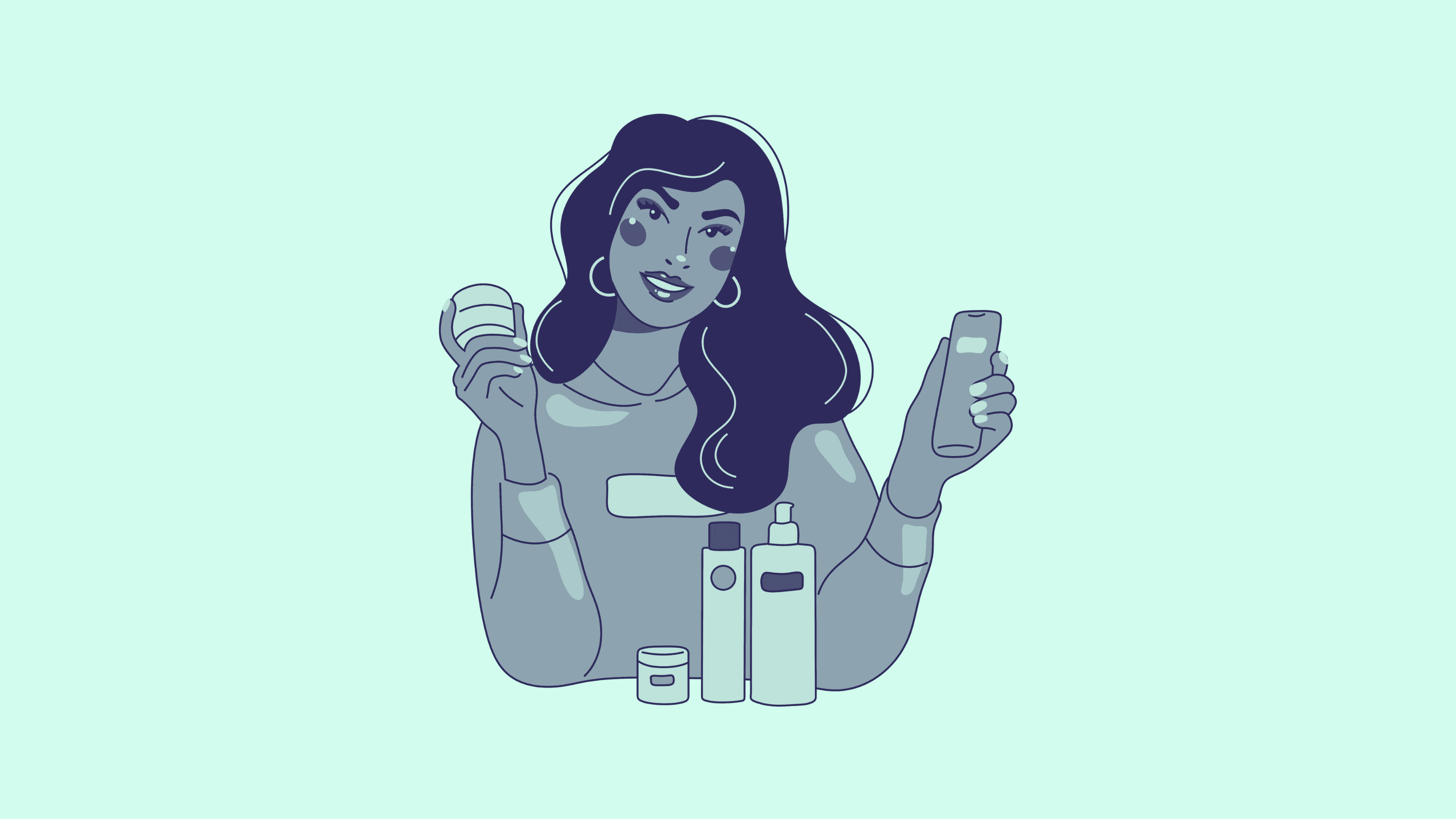 Illustration einer lächelnden Frau mit langen Haaren, die Kosmetikprodukte in den Händen hält und weitere vor sich auf dem Tisch stehen hat.