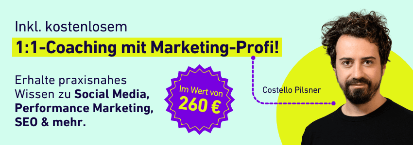 Banner mit Infos zum kostenlosen 1:1-Coaching mit Marketing Profi Costello Pilsner